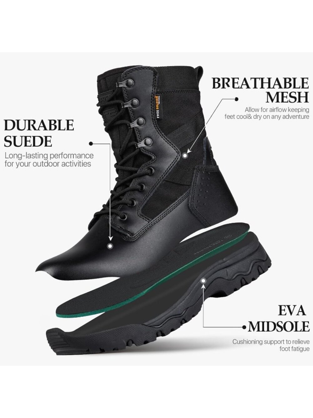Men's Black Suede Leather Lightweight Durable Military Work Tactical Boots - Picture 4 of 6